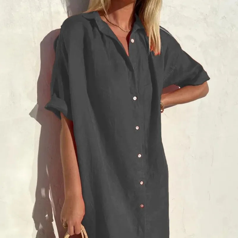 Cotton Linen Dress Loose Short Sleeve Fabric for Women