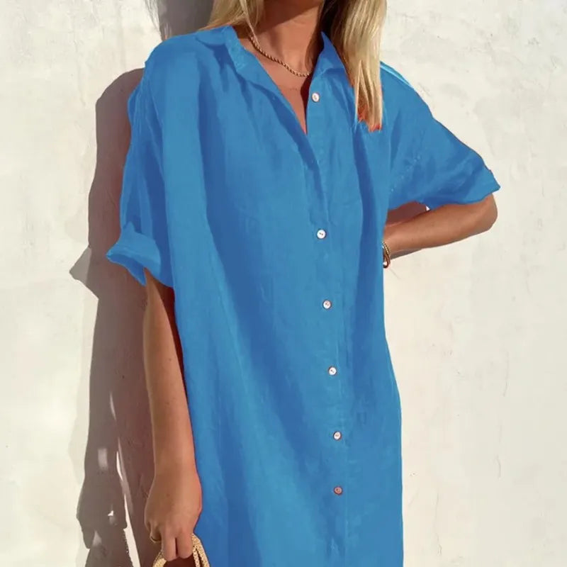 Cotton Linen Dress Loose Short Sleeve Fabric for Women
