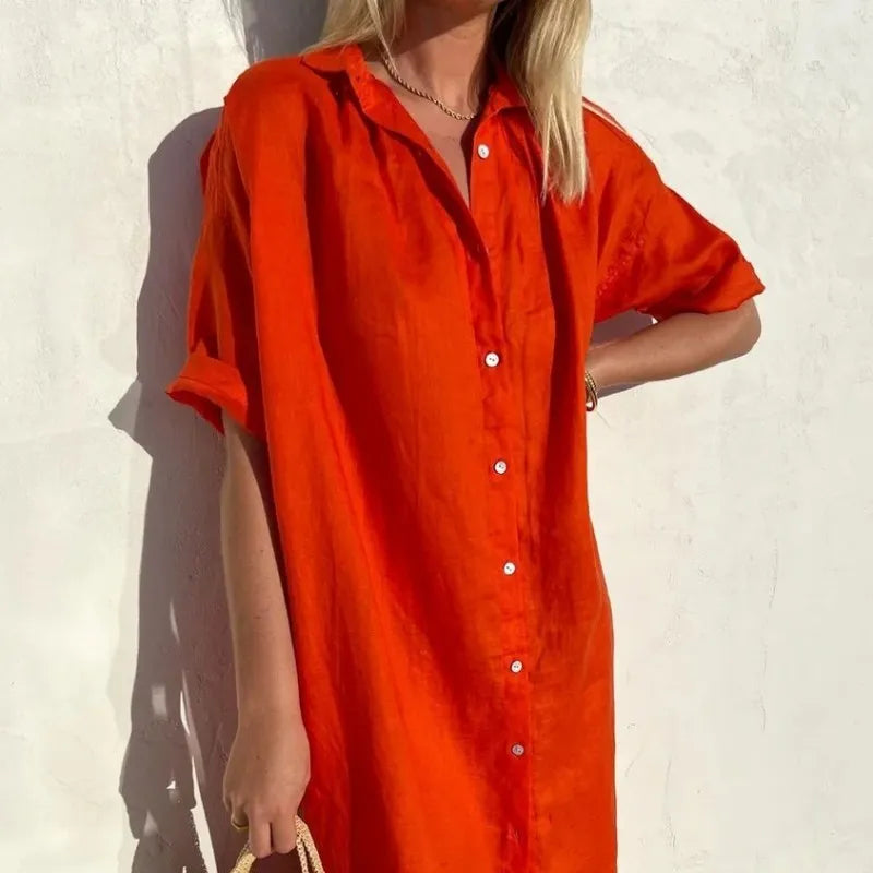 Cotton Linen Dress Loose Short Sleeve Fabric for Women