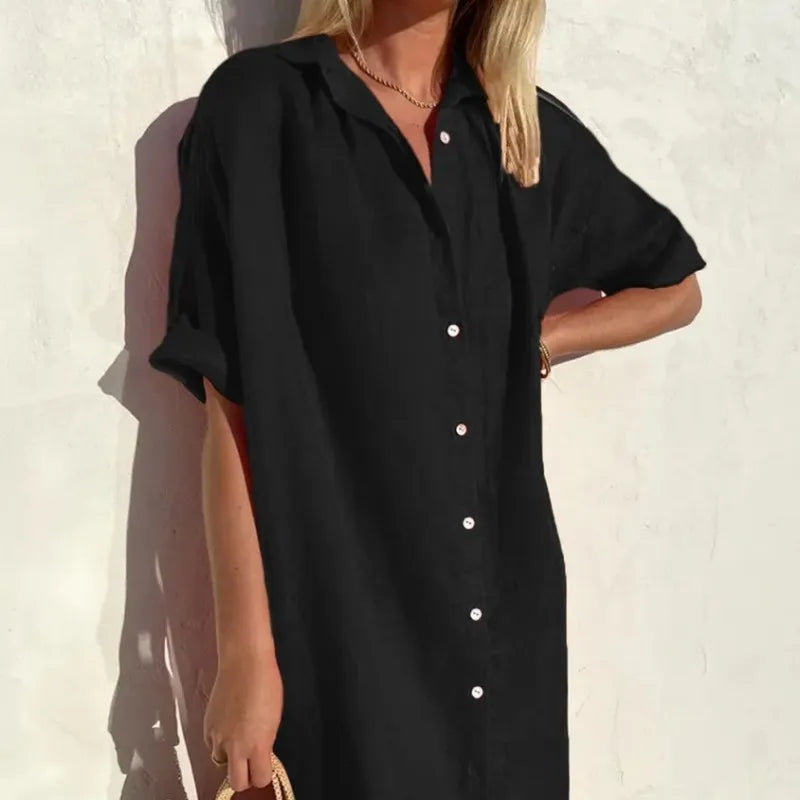 Cotton Linen Dress Loose Short Sleeve Fabric for Women
