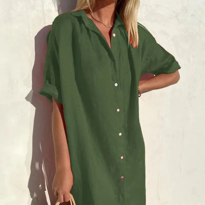 Cotton Linen Dress Loose Short Sleeve Fabric for Women