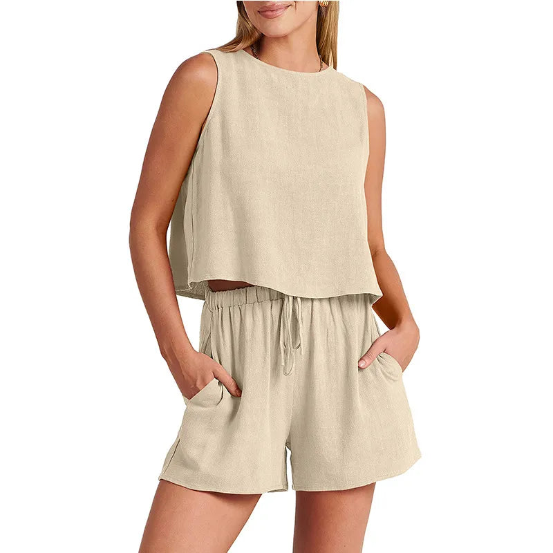 Women Shorts Set Sleeveless Fabric Design for Summer