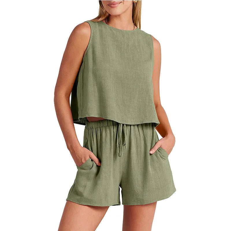 Women Shorts Set Sleeveless Fabric Design for Summer