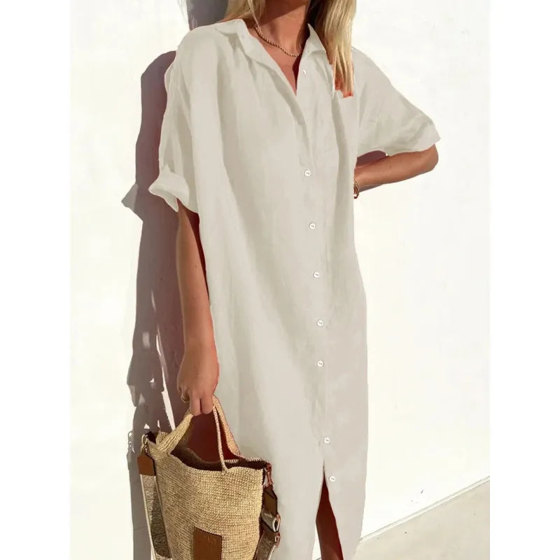 Cotton Linen Dress Loose Short Sleeve Fabric for Women