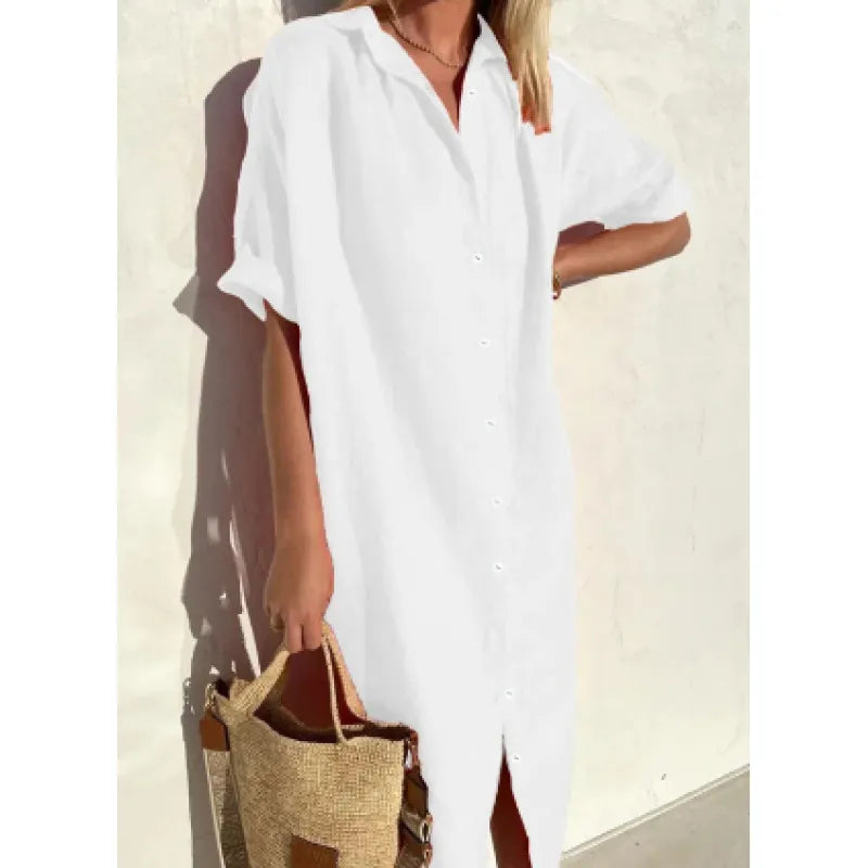 Cotton Linen Dress Loose Short Sleeve Fabric for Women